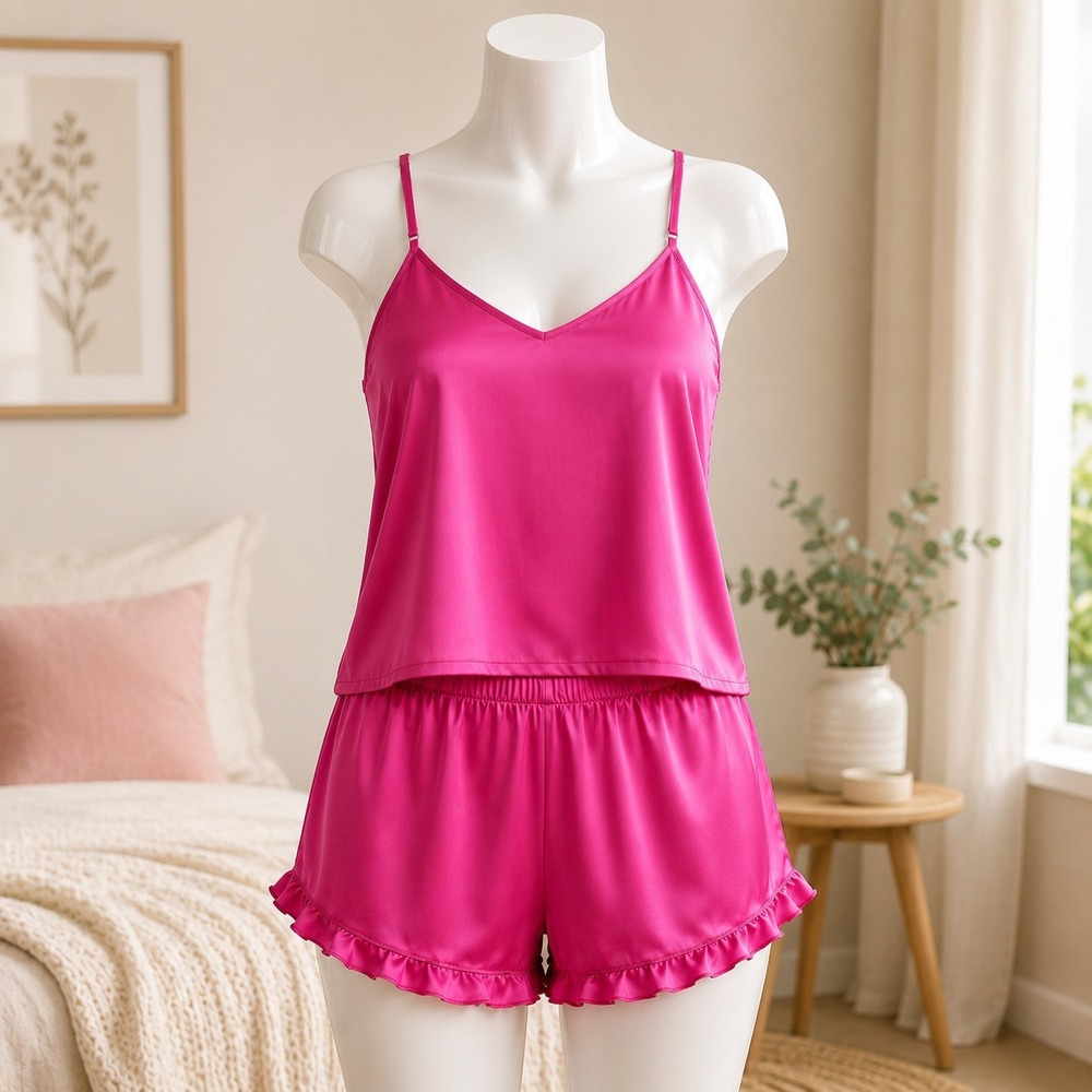NWT Cupshe Pajama Set Womens Medium Pink Satin Cami Shorts Ruffle Sleepwear